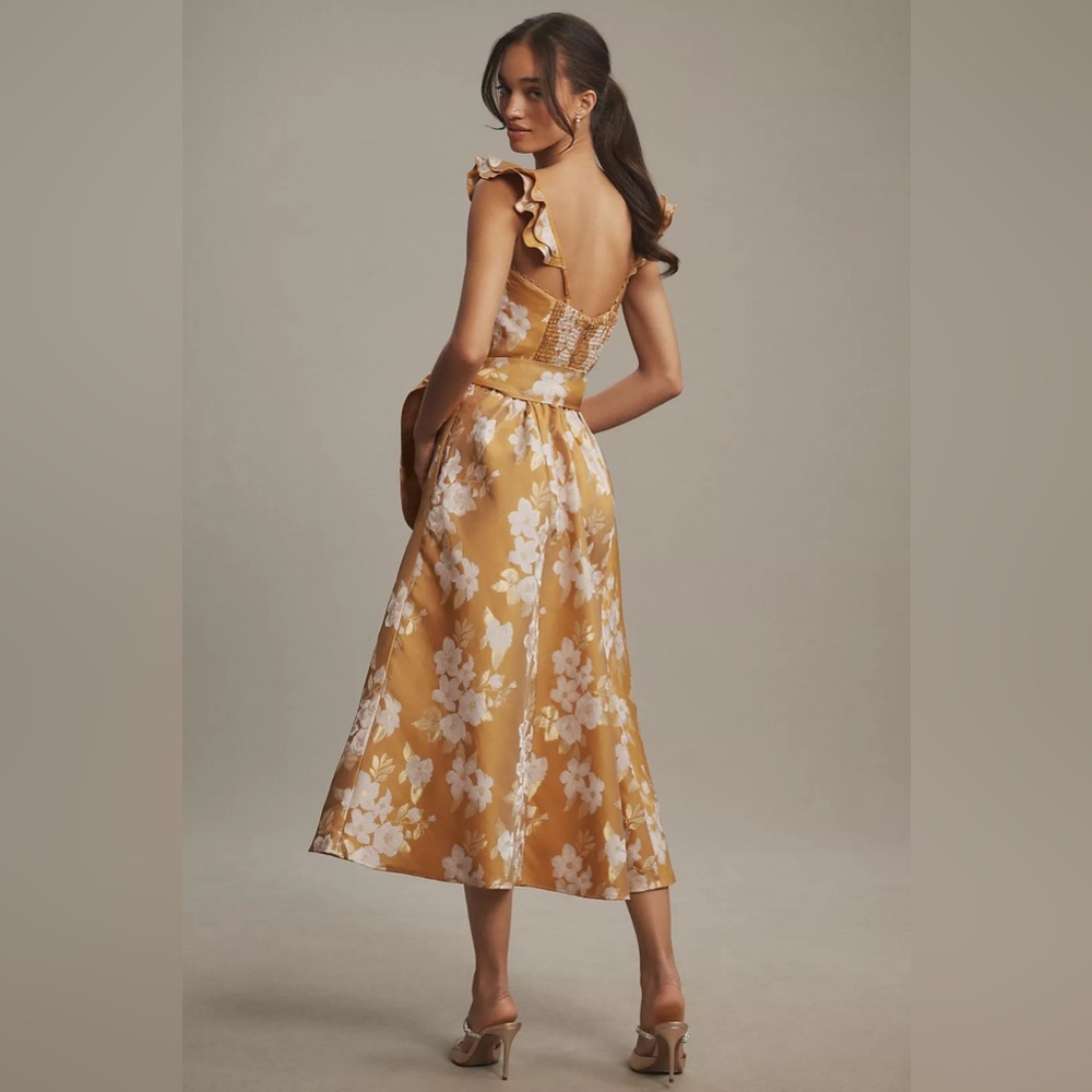 V. Chapman Vera Ruffle-Strap Corset Side-Slit Midi Dress - Gold Baroque - Picture 3 of 7